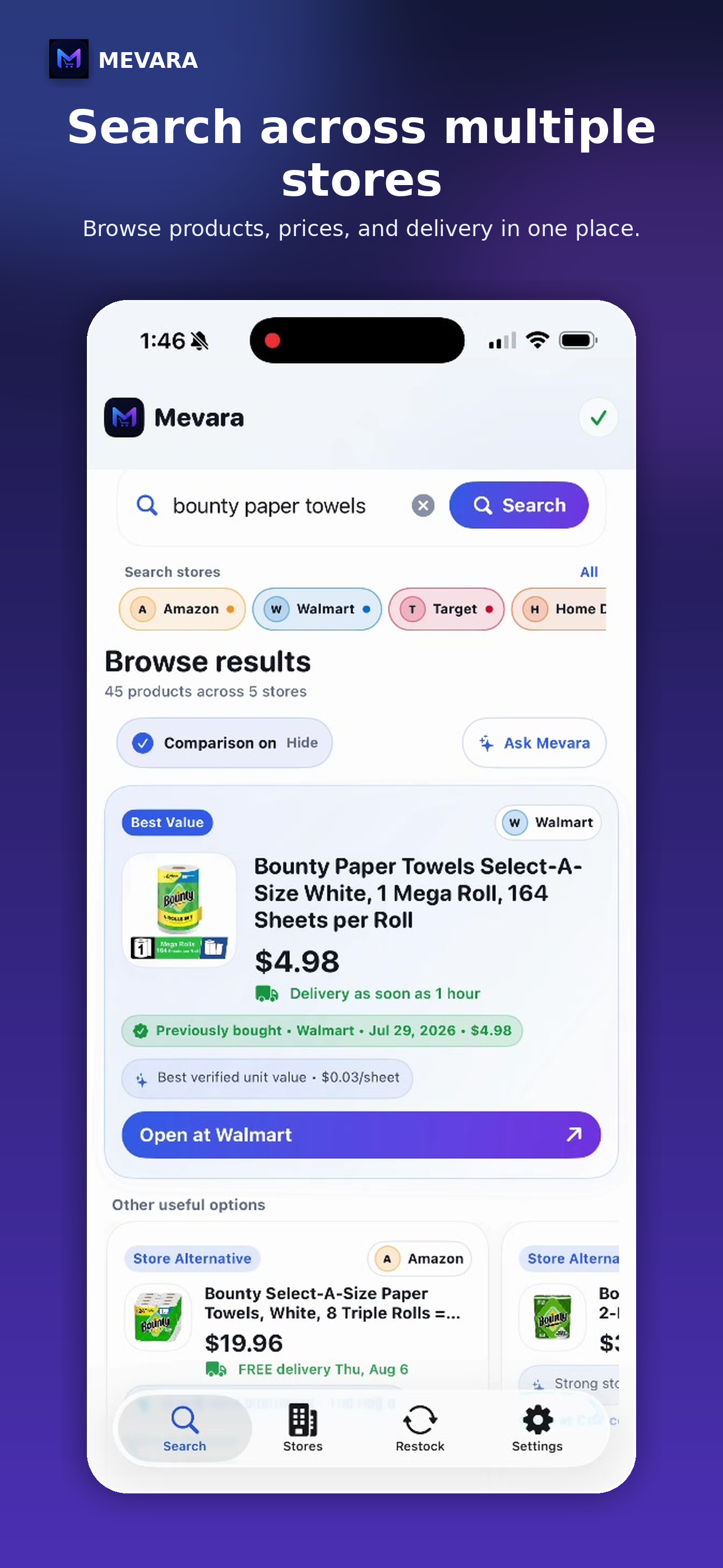 Mevara search results across multiple retailers