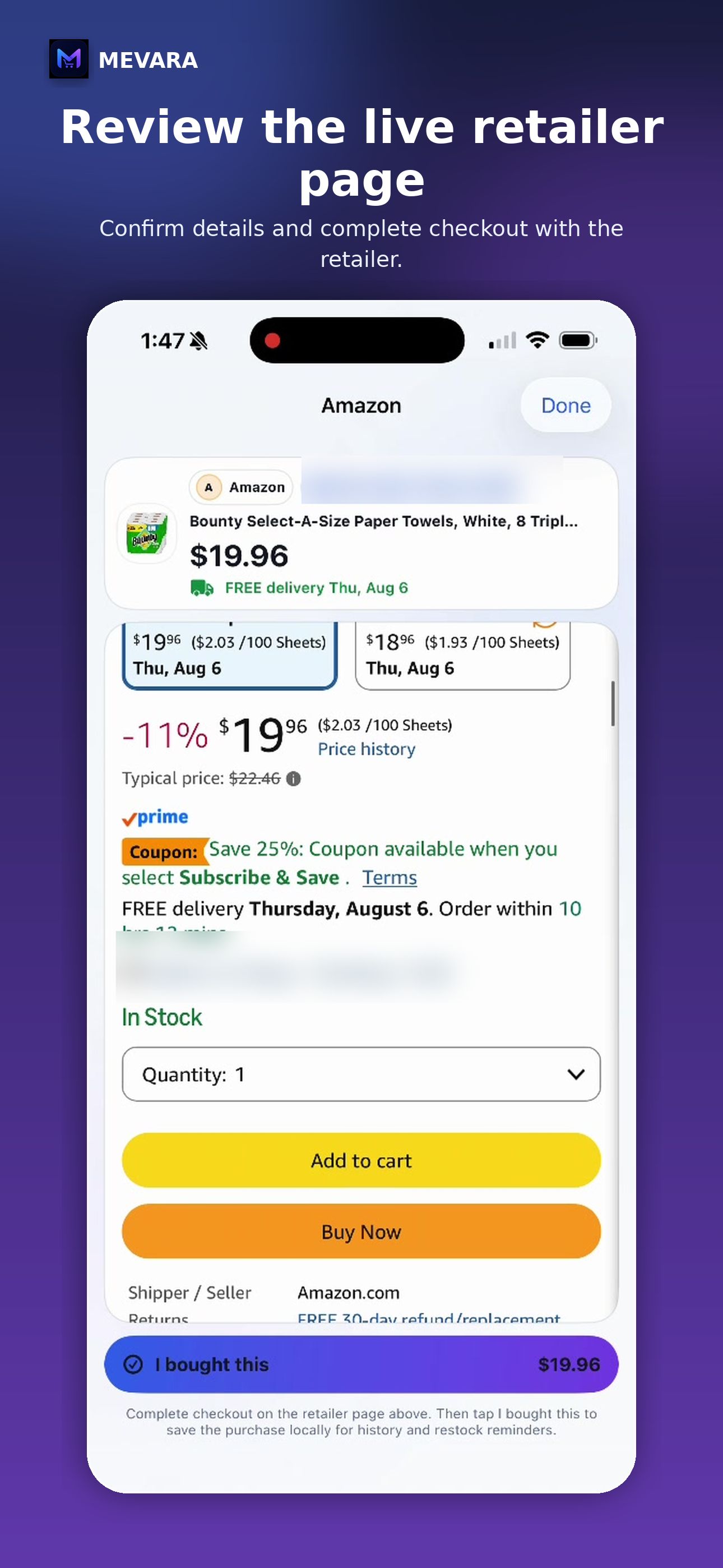 Live retailer product page displayed inside Mevara