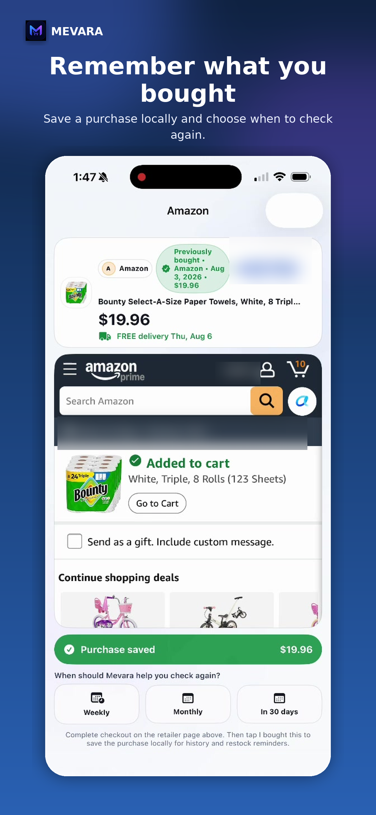 Mevara purchase saved and restock selection screen