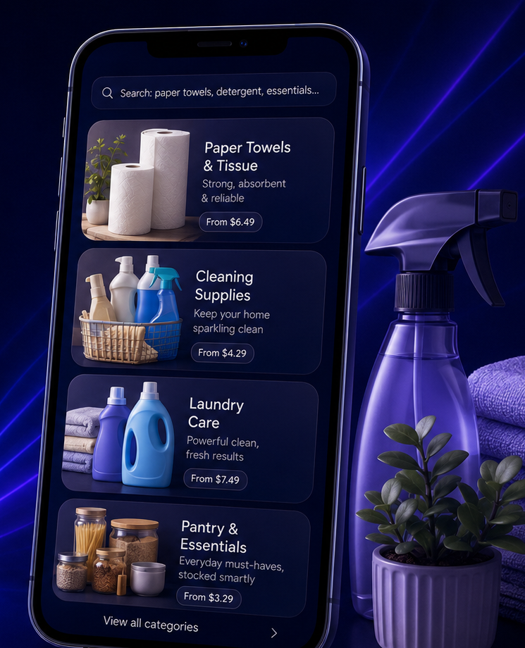 Mevara app preview showing household categories and smarter shopping